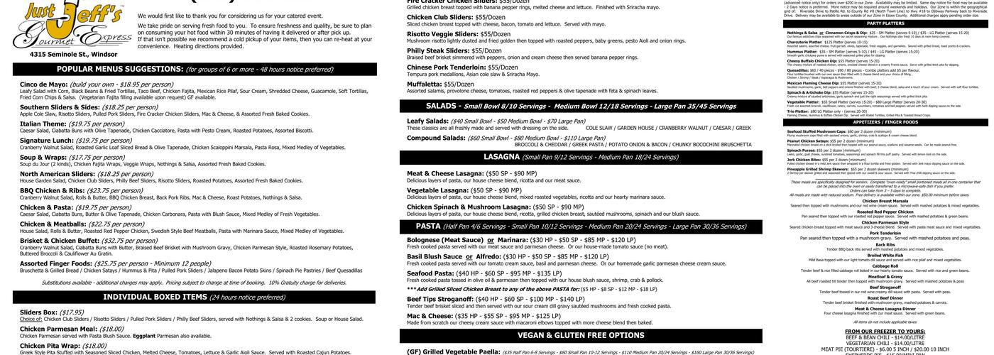 Just Jeff's Gourmet Express Menu
