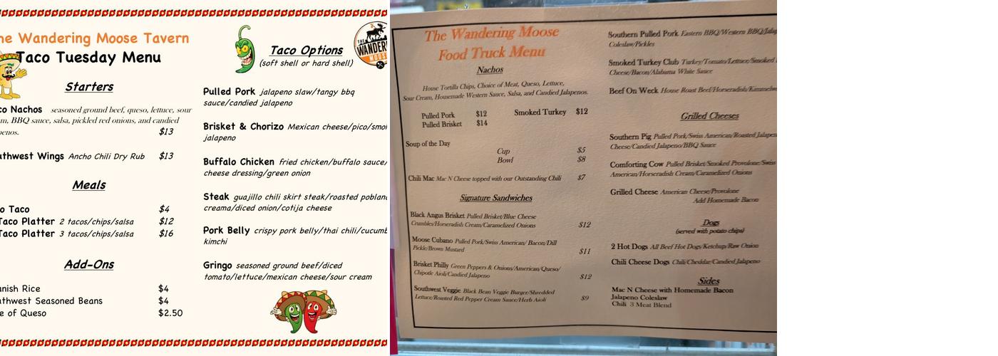 The Wandering Moose Tavern Menu