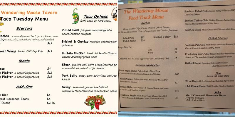 The Wandering Moose Tavern Menu