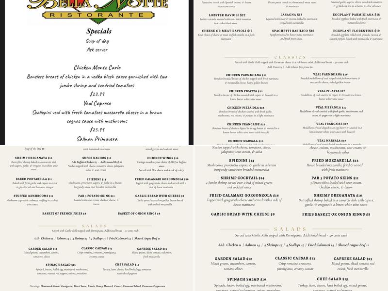 Bella Notte Menu