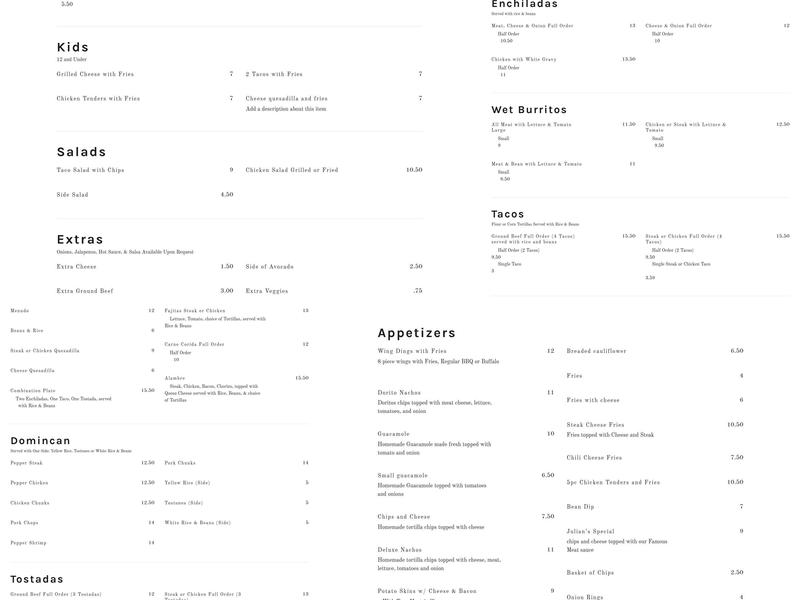 Julian's Kitchen Menu