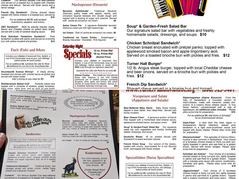 Turner Hall Ratskeller Restaurant Menu