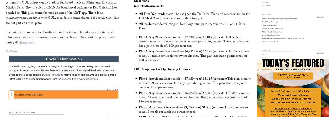 Whitman's Dining Hall Menu