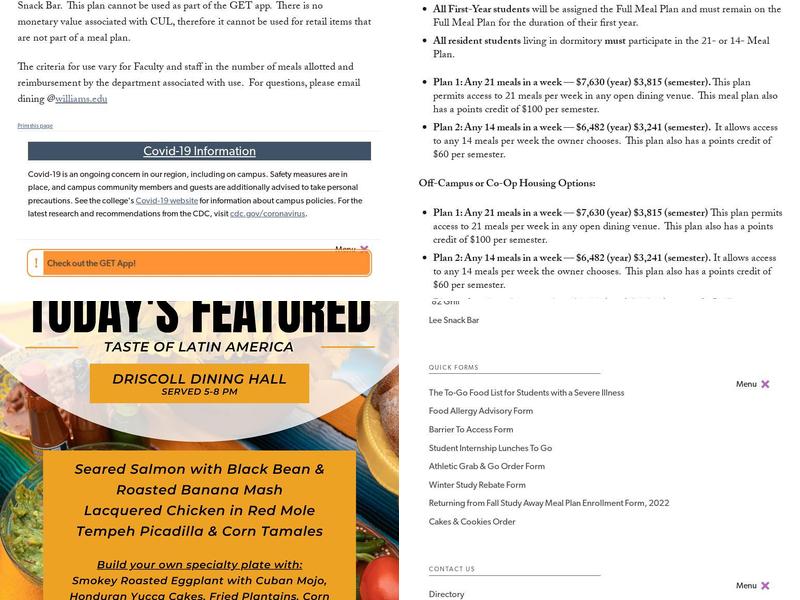 Whitman's Dining Hall Menu