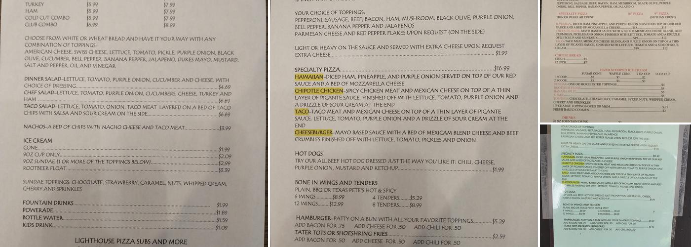 Lighthouse Pizza & Subs Menu