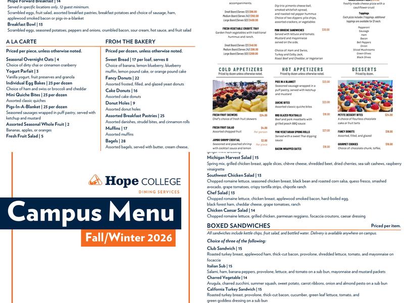 Hope College Catering Service Menu