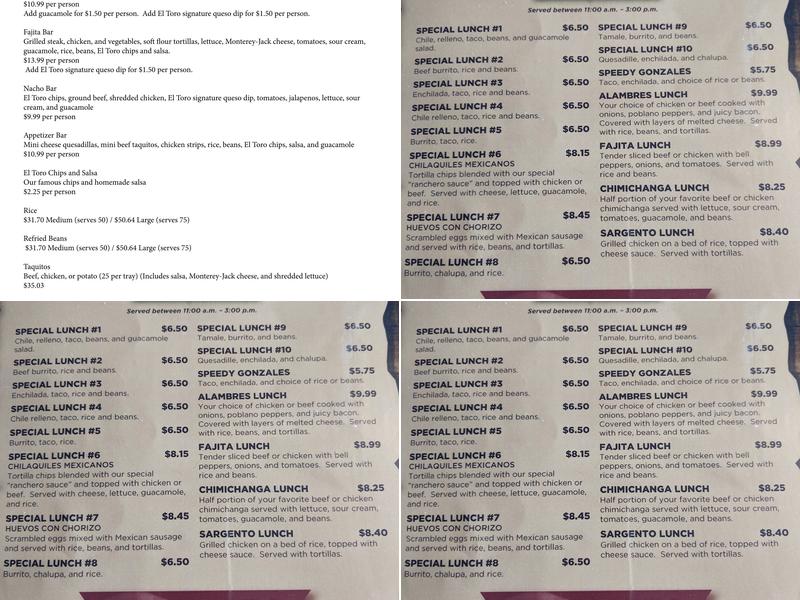El Toro at the Fields Menu
