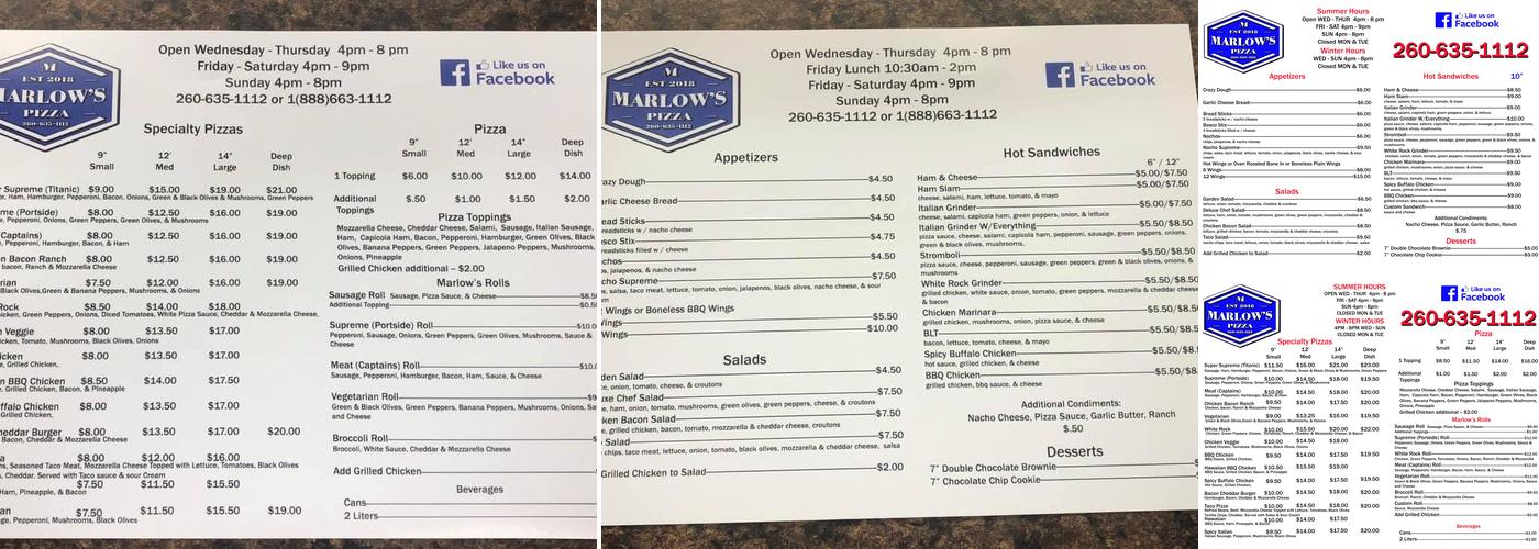 Marlow's Pizza Menu