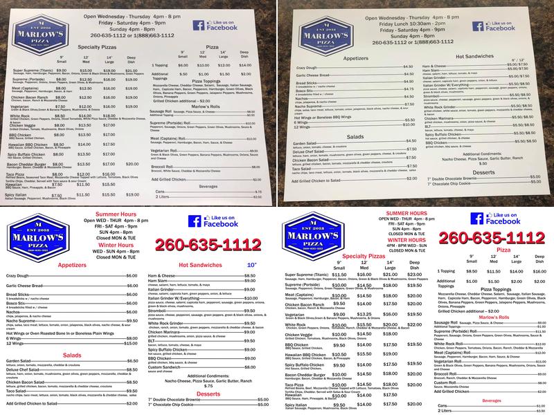 Marlow's Pizza Menu