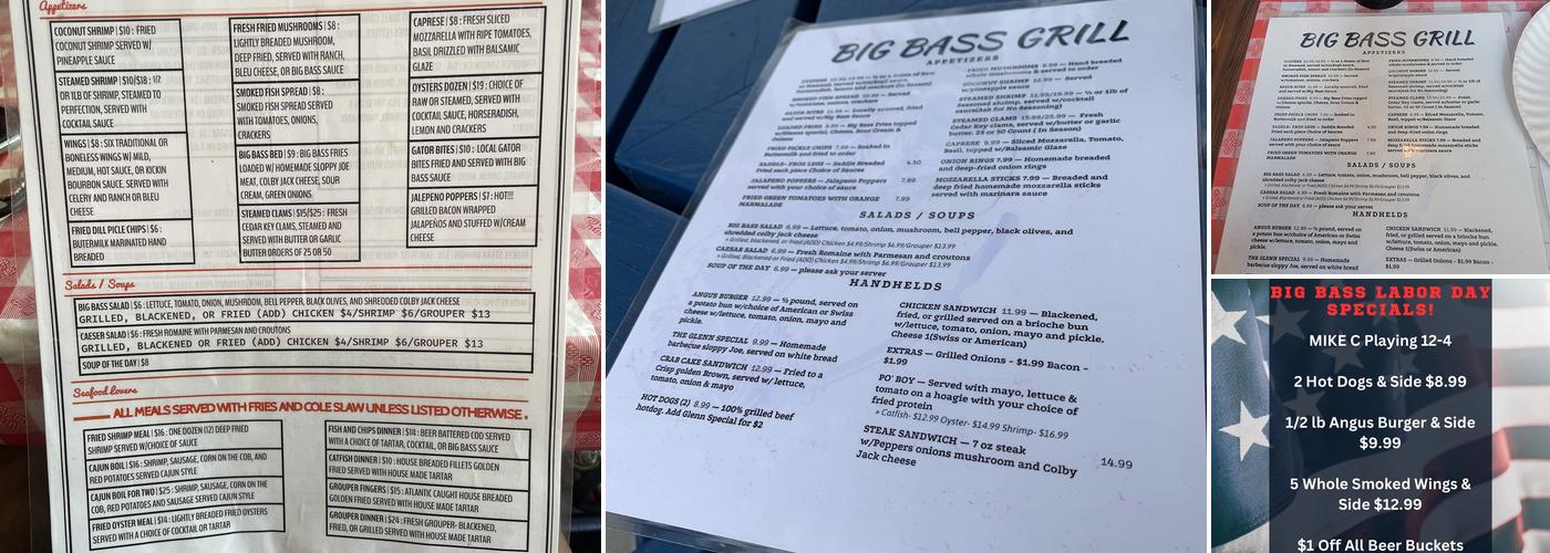 Big Bass Grill Lakefront Restaurant and Marina Menu