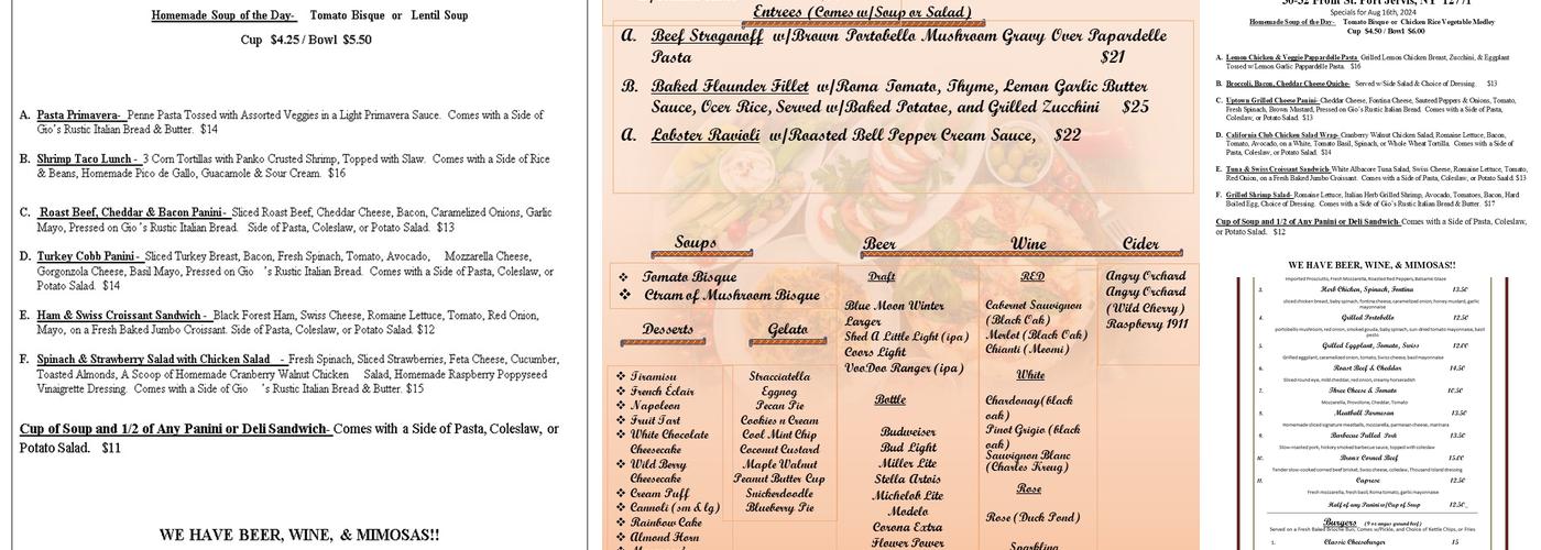 Gio's Bakery Menu