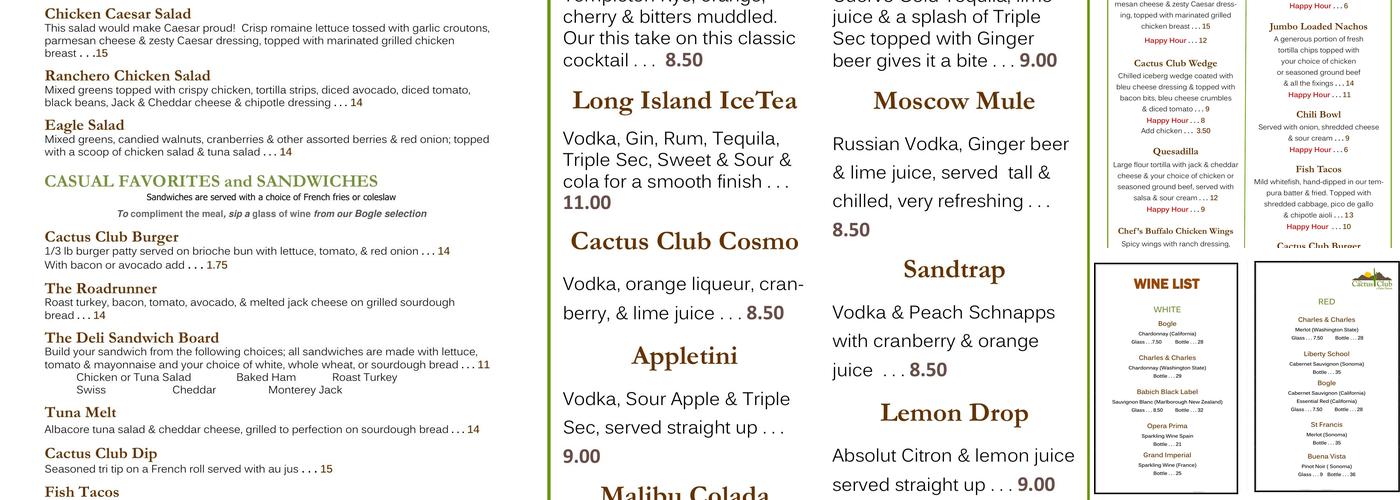 The Cactus Club in Palm Desert Menu