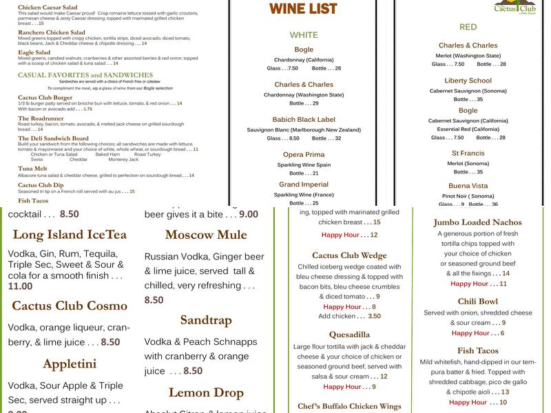The Cactus Club in Palm Desert Menu
