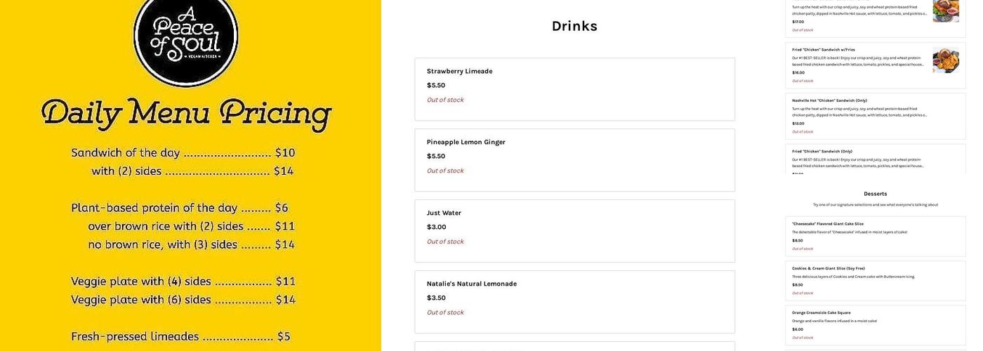 A Peace of Soul Vegan Kitchen Menu