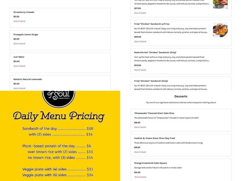 A Peace of Soul Vegan Kitchen Menu