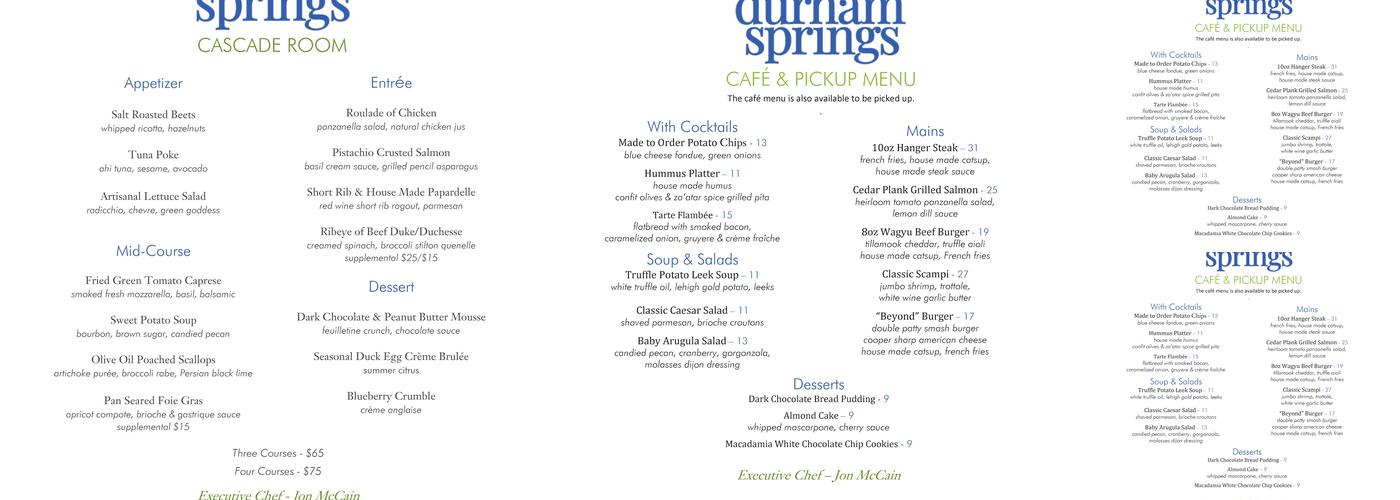Durham Springs Wedding Venue Menu