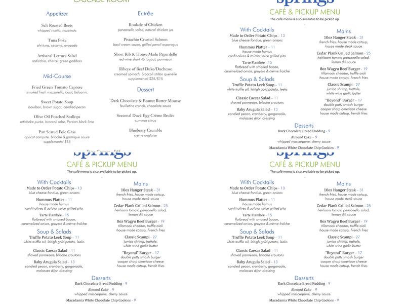 Durham Springs Wedding Venue Menu