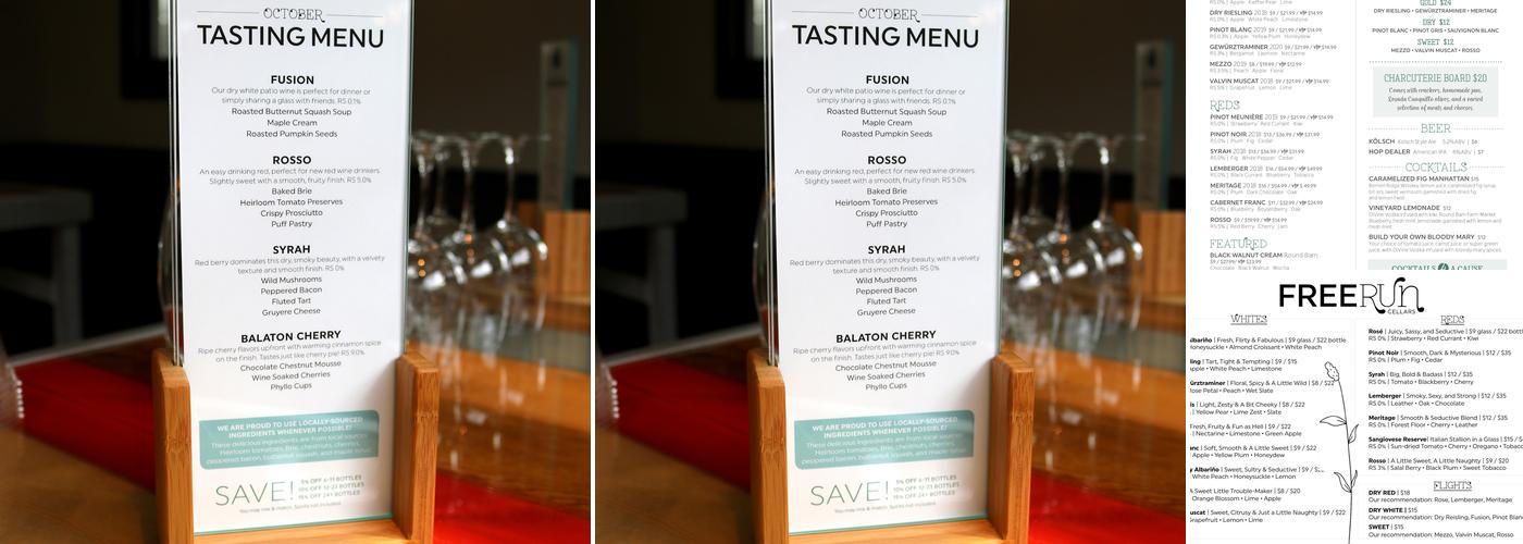 Free Run Cellars Menu