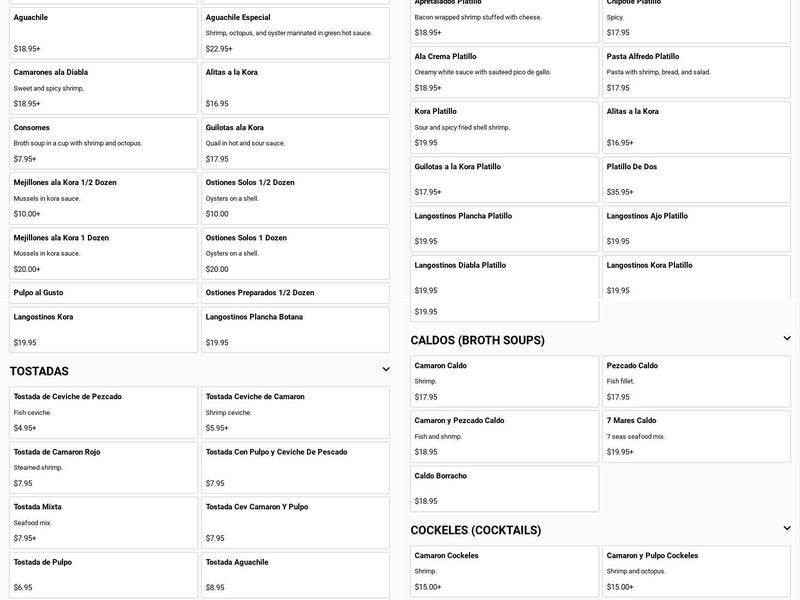 Seafood Islitas De Nayarit Menu