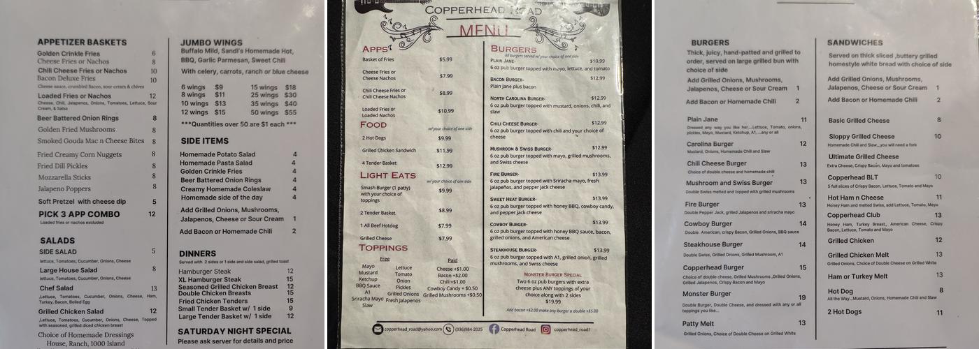 Copperhead Road Menu