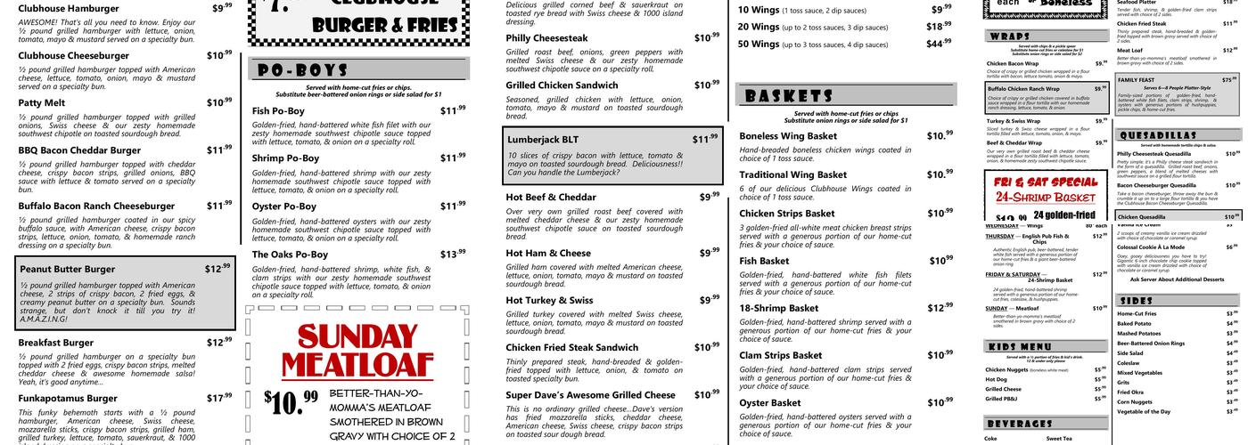 The Oaks Golf Club Cafe Menu