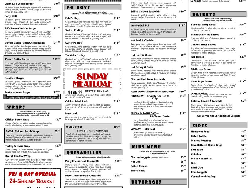 The Oaks Golf Club Cafe Menu