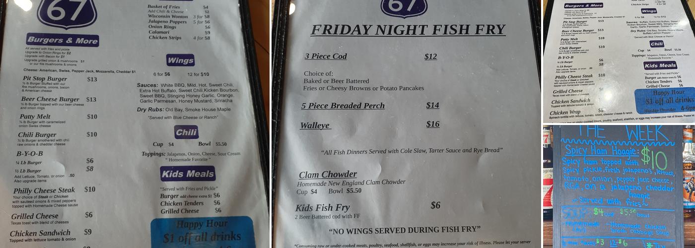 The Pit Stop 67 Menu