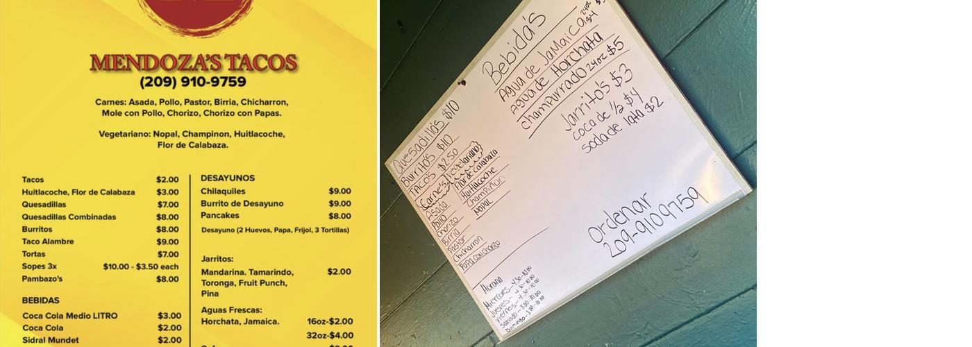 Mendozas Tacos Menu