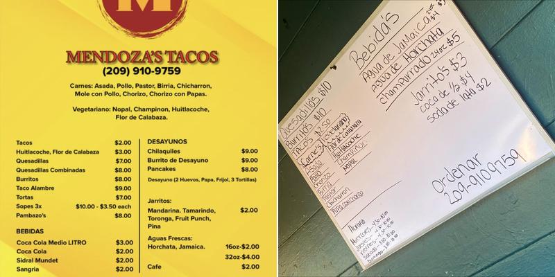 Mendozas Tacos Menu
