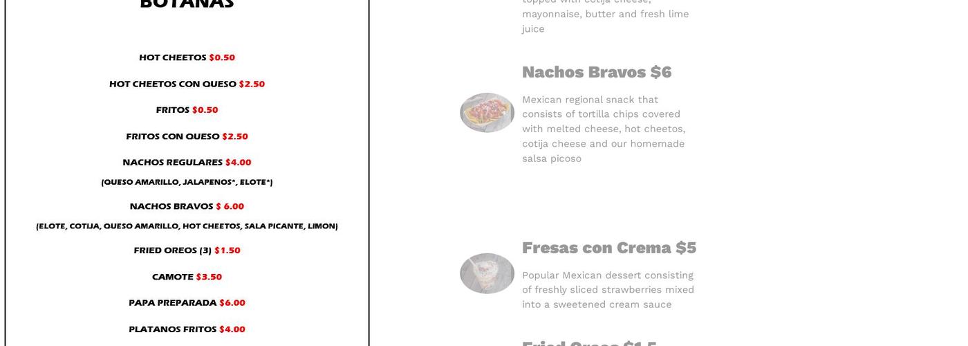 Elotes Bravos Menu