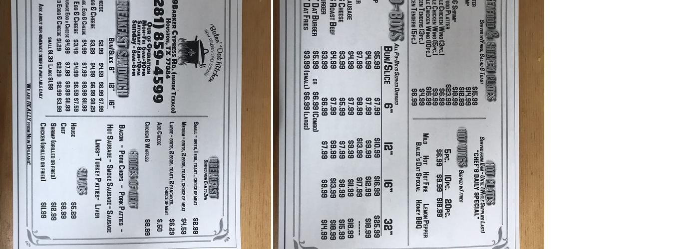 Balee'Dat Kitchen Menu