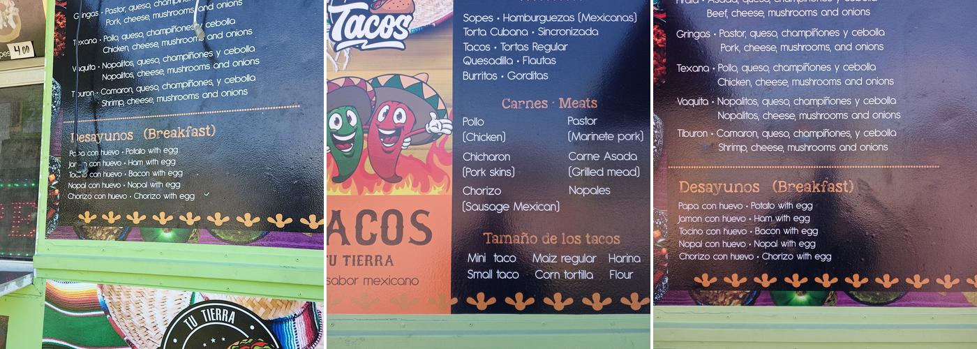Tacos Tu Tierra Menu