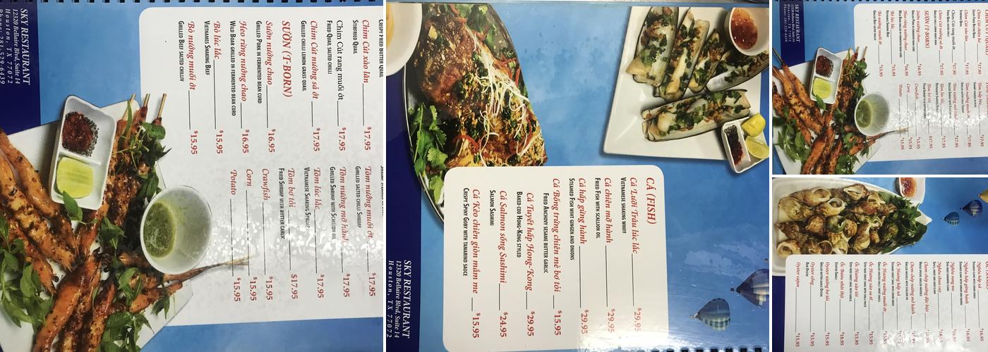 Sky restaurant Menu