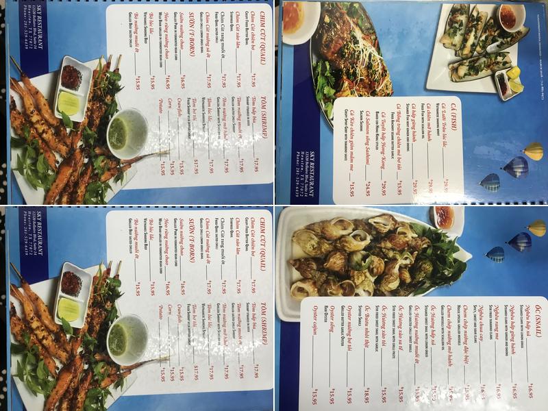 Sky restaurant Menu