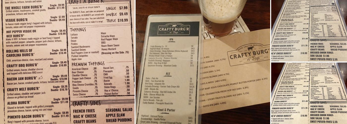 Crafty Burger N' Tap Menu