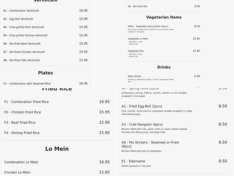 PHO FILET Menu