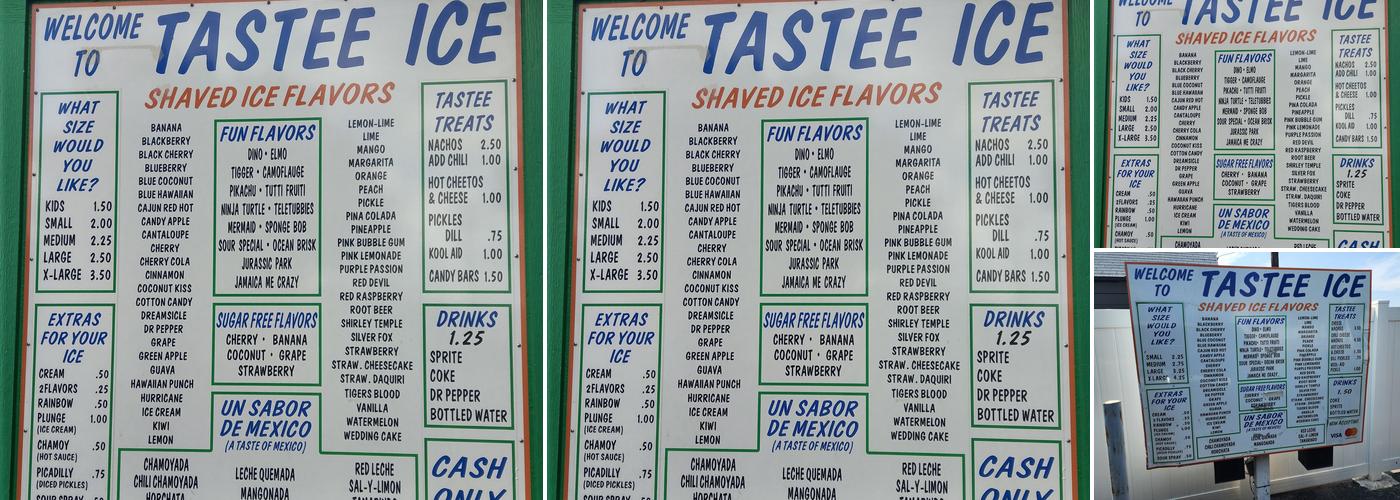 Tastee Ice Menu