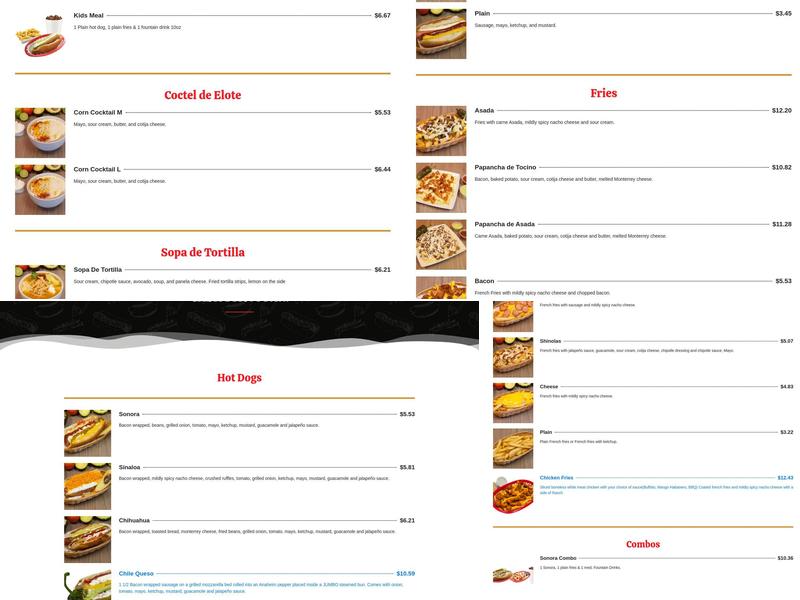 La Pasadita Hot Dogs Menu