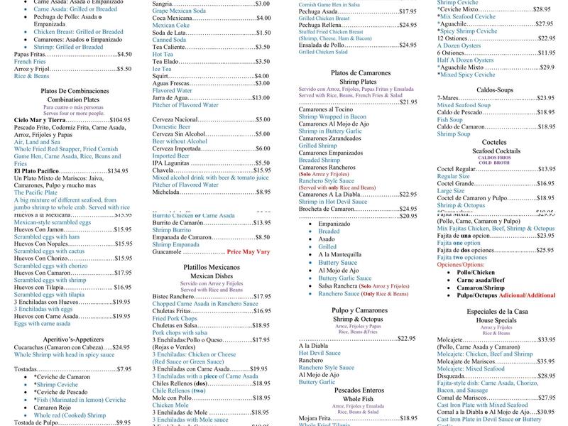 La Perla del Pacífico Menu