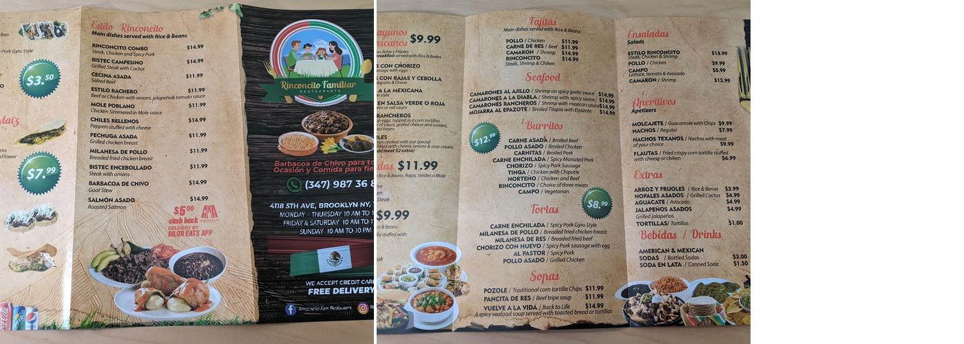 Rinconcito Familiar Menu