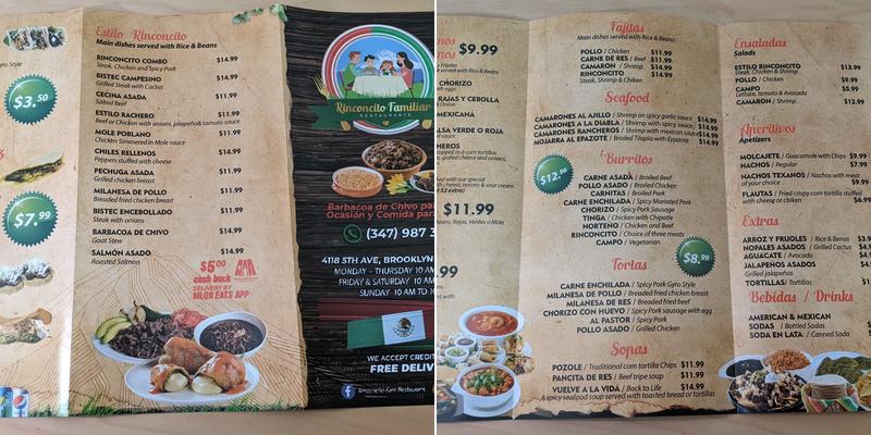 Rinconcito Familiar Menu