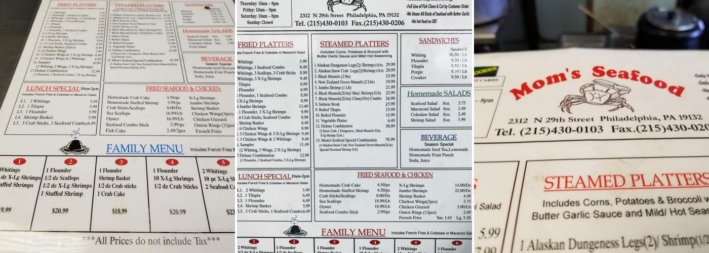 Mom's Seafood Menu