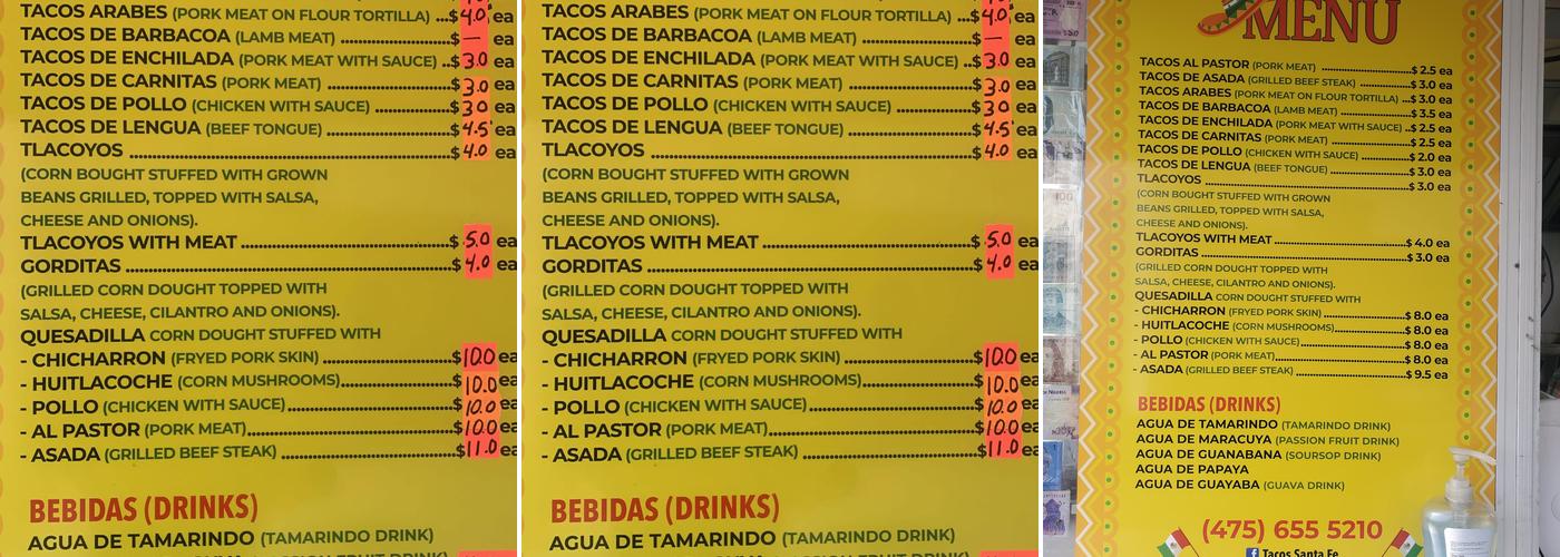 Tacos Santa Fe Menu