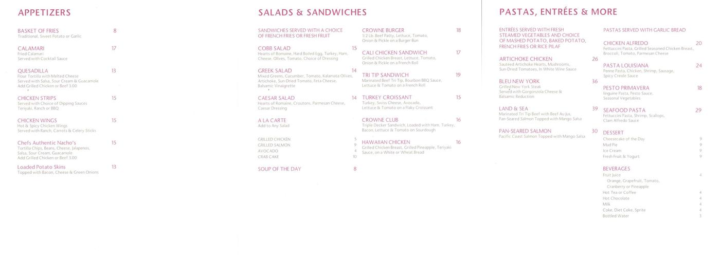 crowne cafe Menu
