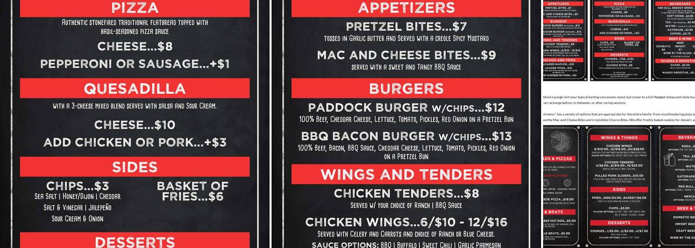 Paddock Lounge Menu