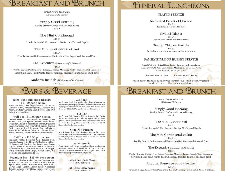 Andorra Banquets & Catering Menu