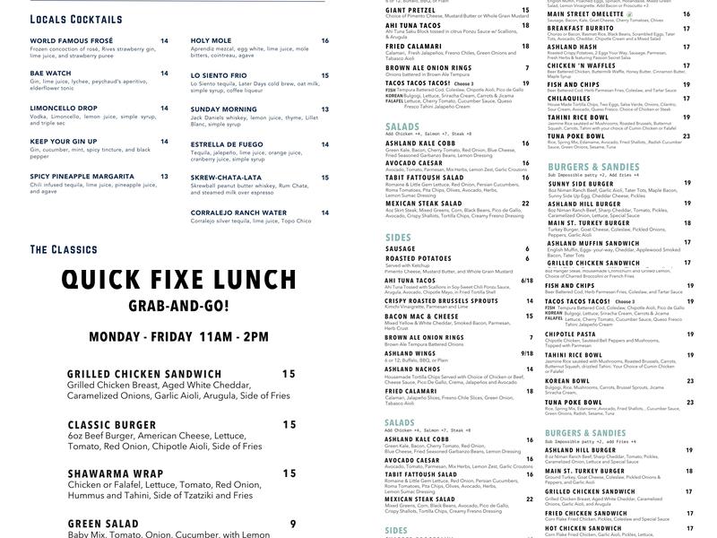 Ashland Hill Menu