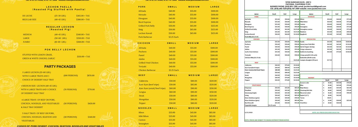 Jack Special Lechon & Catering LLC Menu