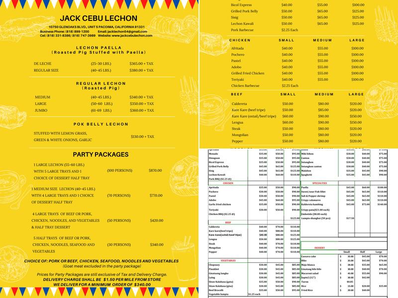 Jack Special Lechon & Catering LLC Menu