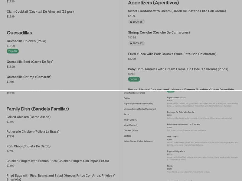 Migueleño Restaurant Menu